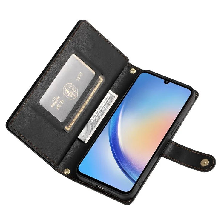 DF-011 For Samsung Galaxy A34 5G Case Card Slots Zipper Leather Cover Crossbody Phone Bag