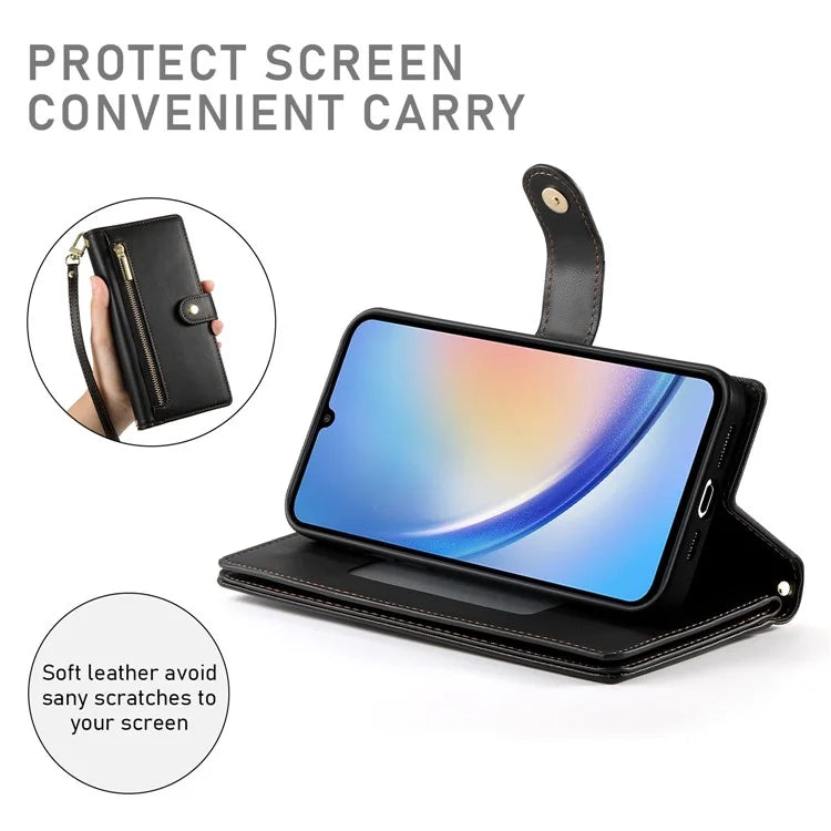 DF-011 For Samsung Galaxy A34 5G Case Card Slots Zipper Leather Cover Crossbody Phone Bag