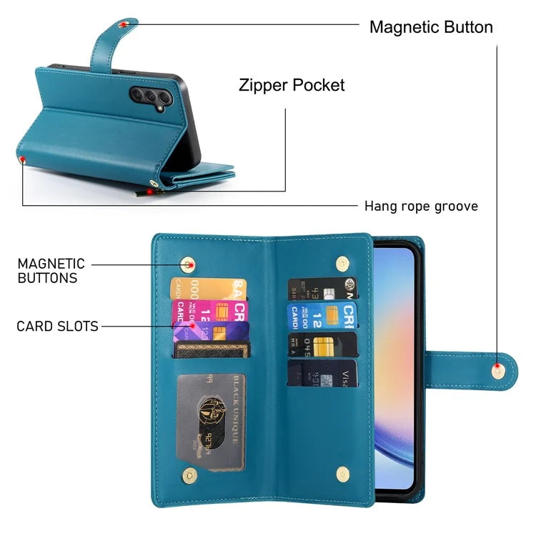 DF-011 For Samsung Galaxy A34 5G Case Card Slots Zipper Leather Cover Crossbody Phone Bag