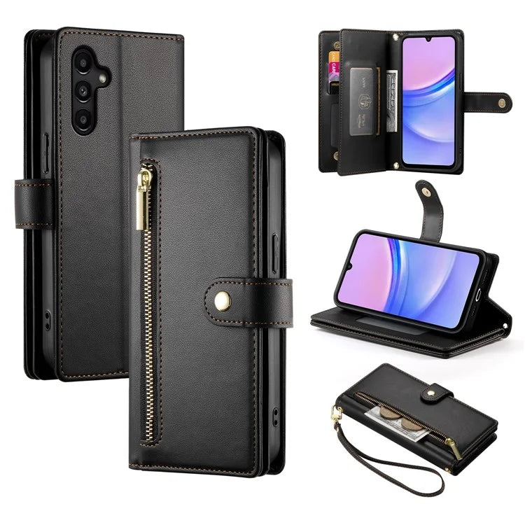 DF-011 For Samsung Galaxy A15 4G / 5G Wallet Case Zipper Leather Phone Bag with Shoulder Strap