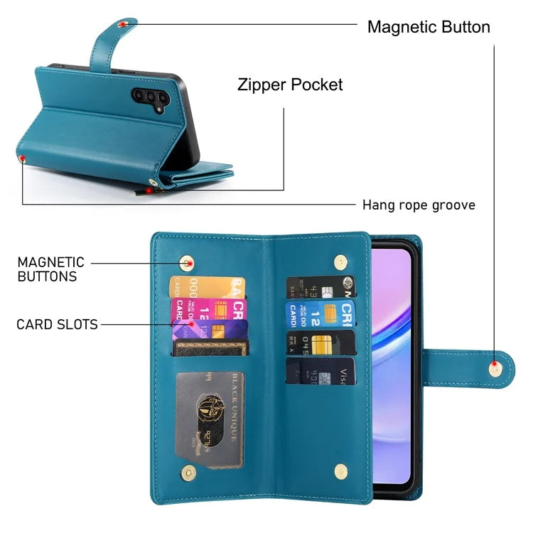 DF-011 For Samsung Galaxy A15 4G / 5G Wallet Case Zipper Leather Phone Bag with Shoulder Strap