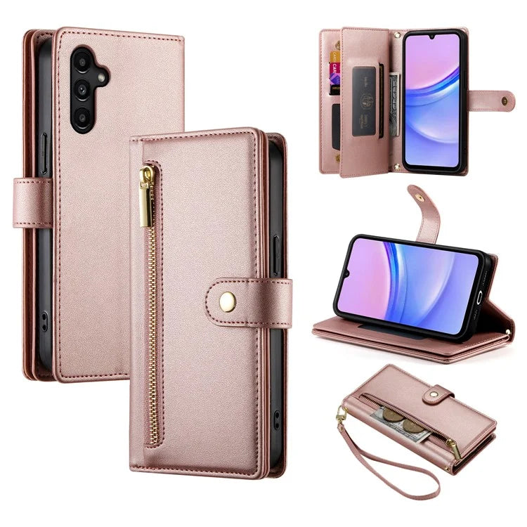 DF-011 For Samsung Galaxy A15 4G / 5G Wallet Case Zipper Leather Phone Bag with Shoulder Strap