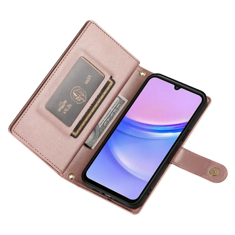 DF-011 For Samsung Galaxy A15 4G / 5G Wallet Case Zipper Leather Phone Bag with Shoulder Strap