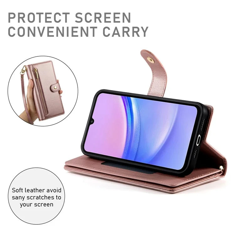 DF-011 For Samsung Galaxy A15 4G / 5G Wallet Case Zipper Leather Phone Bag with Shoulder Strap