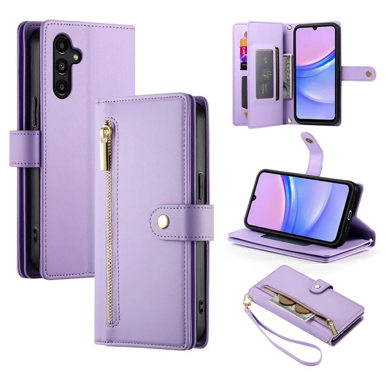 DF-011 For Samsung Galaxy A15 4G / 5G Wallet Case Zipper Leather Phone Bag with Shoulder Strap