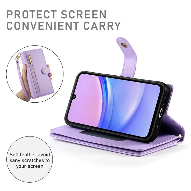 DF-011 For Samsung Galaxy A15 4G / 5G Wallet Case Zipper Leather Phone Bag with Shoulder Strap