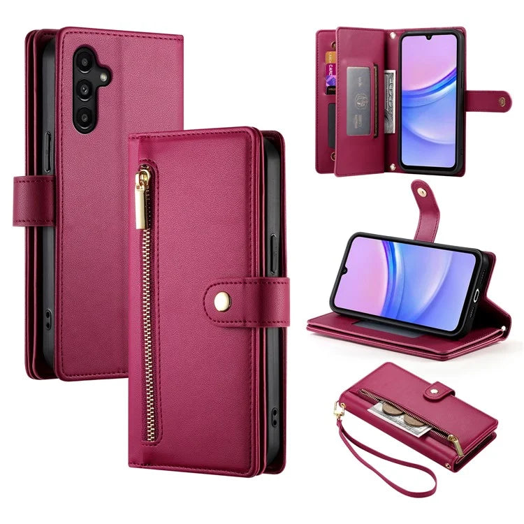 DF-011 For Samsung Galaxy A15 4G / 5G Wallet Case Zipper Leather Phone Bag with Shoulder Strap