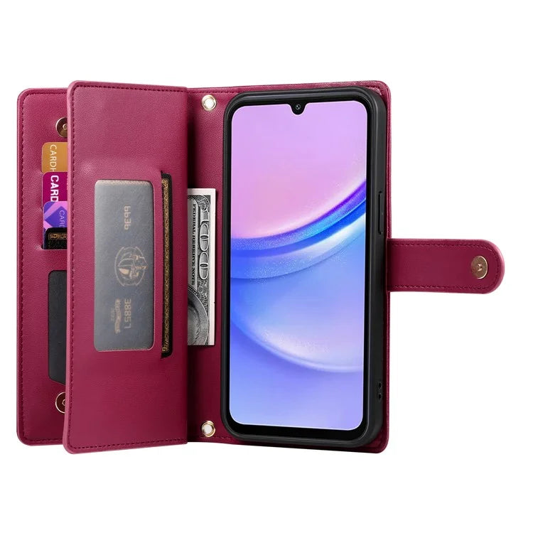DF-011 For Samsung Galaxy A15 4G / 5G Wallet Case Zipper Leather Phone Bag with Shoulder Strap
