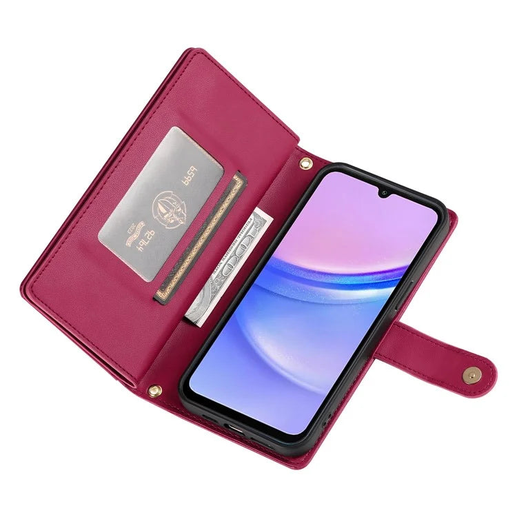 DF-011 For Samsung Galaxy A15 4G / 5G Wallet Case Zipper Leather Phone Bag with Shoulder Strap