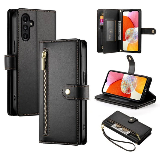 DF-011 For Samsung Galaxy A14 4G / 5G Case Zipper Pocket PU Leather Stand Phone Cover