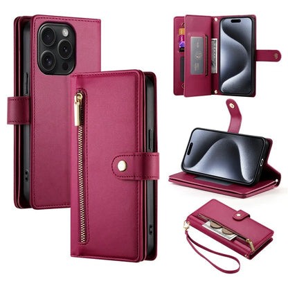 DF-011 For iPhone 15 Pro Case Zipper Leather Phone Cover with Shoulder Strap and Hand Strap