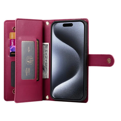 DF-011 For iPhone 15 Pro Case Zipper Leather Phone Cover with Shoulder Strap and Hand Strap
