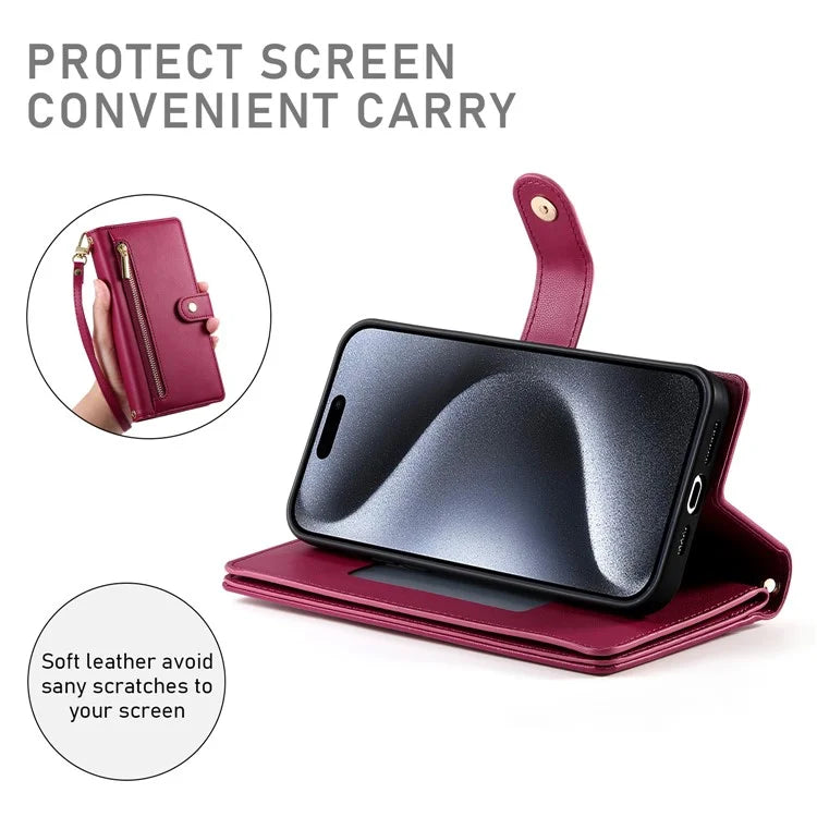 DF-011 For iPhone 15 Pro Case Zipper Leather Phone Cover with Shoulder Strap and Hand Strap
