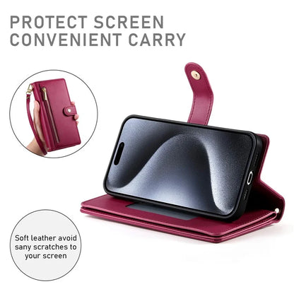 DF-011 For iPhone 15 Pro Case Zipper Leather Phone Cover with Shoulder Strap and Hand Strap