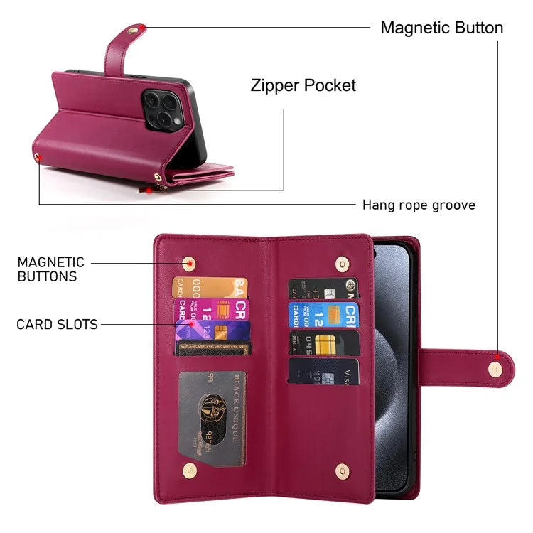 DF-011 For iPhone 15 Pro Case Zipper Leather Phone Cover with Shoulder Strap and Hand Strap