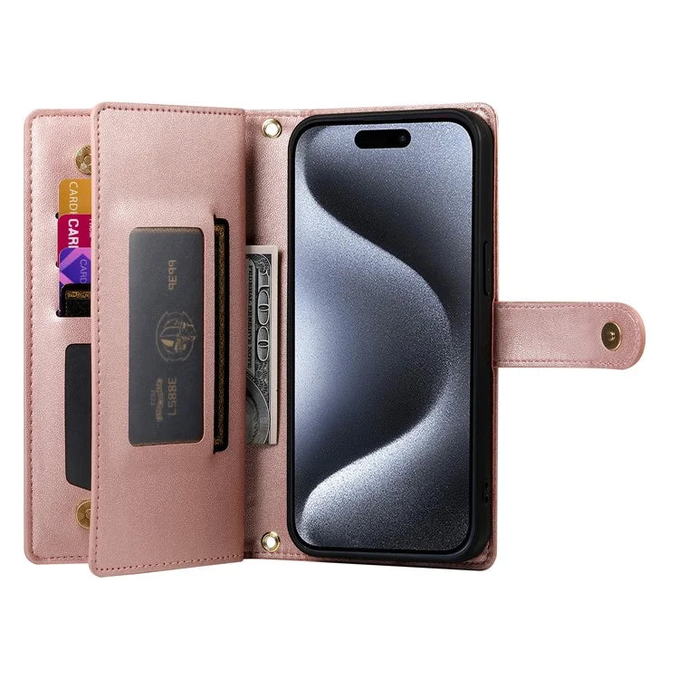 DF-011 For iPhone 15 Pro Case Zipper Leather Phone Cover with Shoulder Strap and Hand Strap