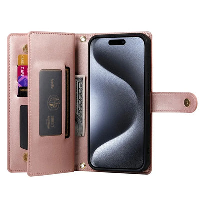 DF-011 For iPhone 15 Pro Case Zipper Leather Phone Cover with Shoulder Strap and Hand Strap