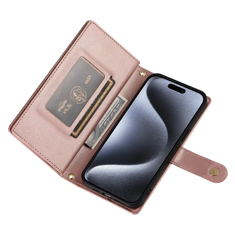 DF-011 For iPhone 15 Pro Case Zipper Leather Phone Cover with Shoulder Strap and Hand Strap