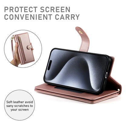 DF-011 For iPhone 15 Pro Case Zipper Leather Phone Cover with Shoulder Strap and Hand Strap