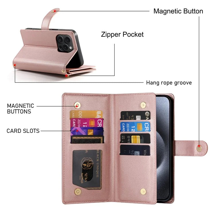 DF-011 For iPhone 15 Pro Case Zipper Leather Phone Cover with Shoulder Strap and Hand Strap