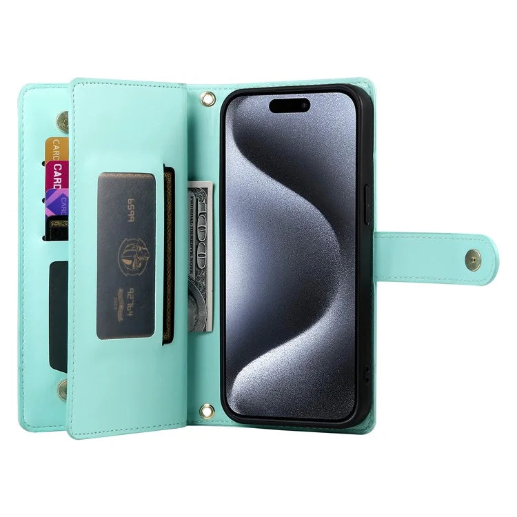 DF-011 For iPhone 15 Pro Case Zipper Leather Phone Cover with Shoulder Strap and Hand Strap