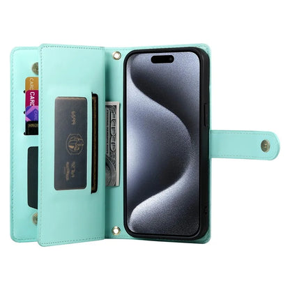DF-011 For iPhone 15 Pro Case Zipper Leather Phone Cover with Shoulder Strap and Hand Strap