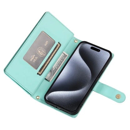DF-011 For iPhone 15 Pro Case Zipper Leather Phone Cover with Shoulder Strap and Hand Strap
