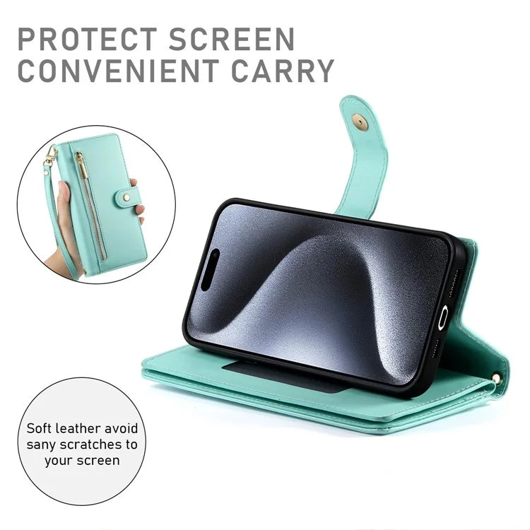DF-011 For iPhone 15 Pro Case Zipper Leather Phone Cover with Shoulder Strap and Hand Strap