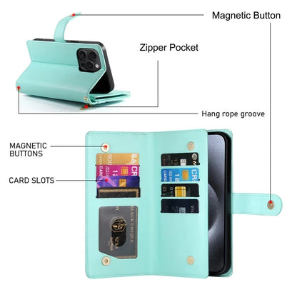 DF-011 For iPhone 15 Pro Case Zipper Leather Phone Cover with Shoulder Strap and Hand Strap