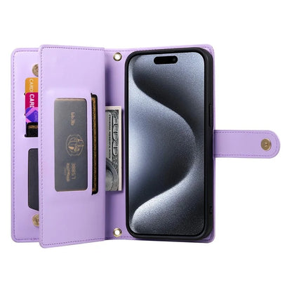 DF-011 For iPhone 15 Pro Case Zipper Leather Phone Cover with Shoulder Strap and Hand Strap