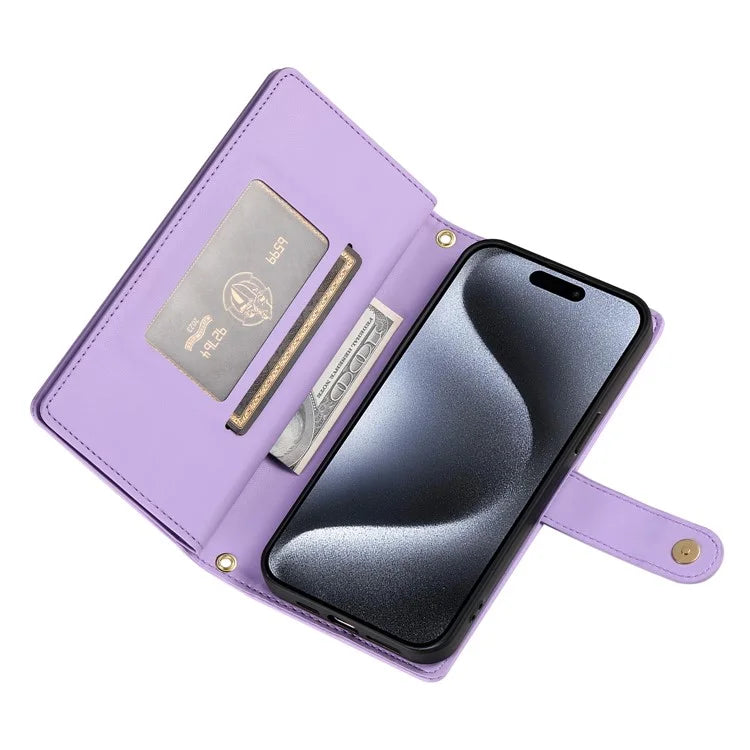 DF-011 For iPhone 15 Pro Case Zipper Leather Phone Cover with Shoulder Strap and Hand Strap