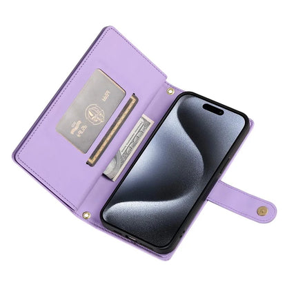 DF-011 For iPhone 15 Pro Case Zipper Leather Phone Cover with Shoulder Strap and Hand Strap