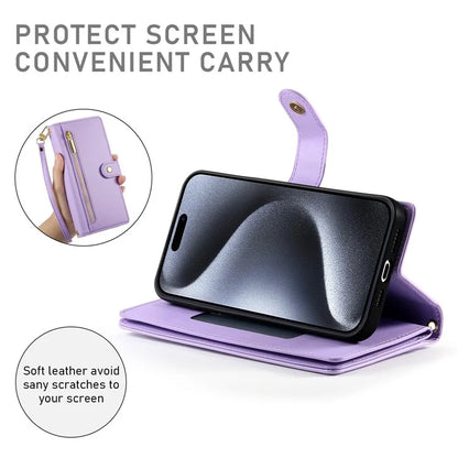 DF-011 For iPhone 15 Pro Case Zipper Leather Phone Cover with Shoulder Strap and Hand Strap