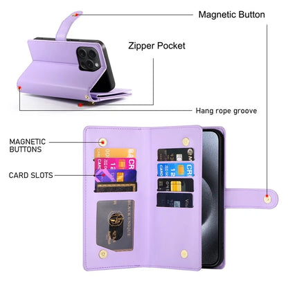 DF-011 For iPhone 15 Pro Case Zipper Leather Phone Cover with Shoulder Strap and Hand Strap