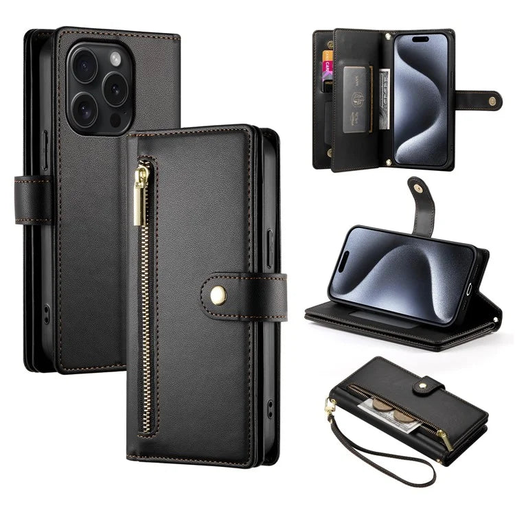 DF-011 For iPhone 15 Pro Case Zipper Leather Phone Cover with Shoulder Strap and Hand Strap