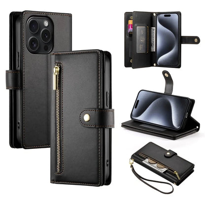 DF-011 For iPhone 15 Pro Case Zipper Leather Phone Cover with Shoulder Strap and Hand Strap