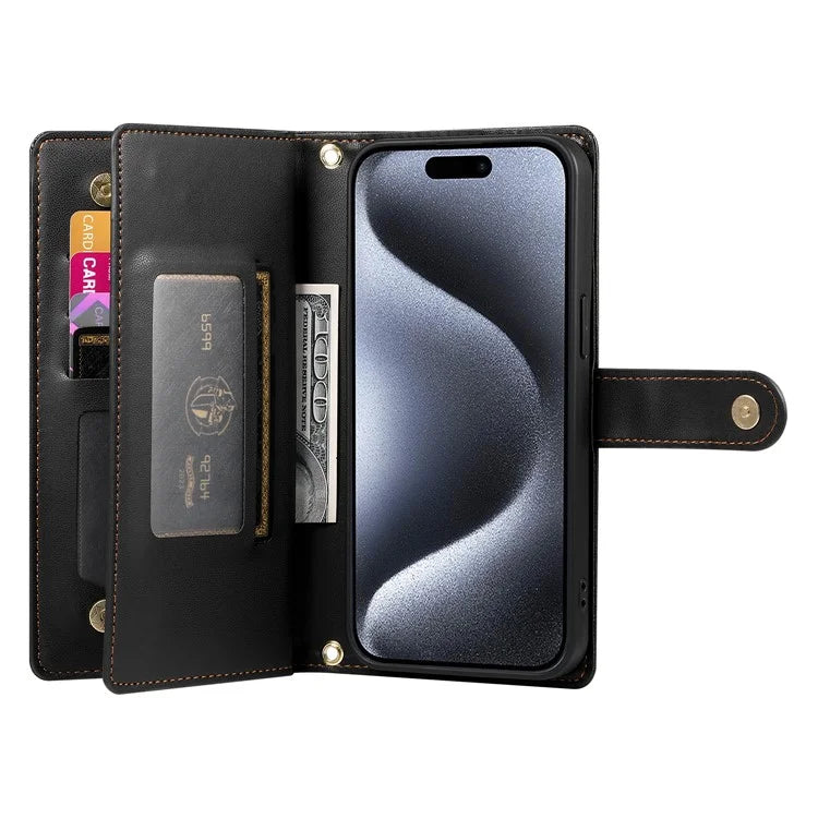 DF-011 For iPhone 15 Pro Case Zipper Leather Phone Cover with Shoulder Strap and Hand Strap