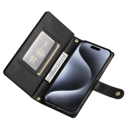DF-011 For iPhone 15 Pro Case Zipper Leather Phone Cover with Shoulder Strap and Hand Strap