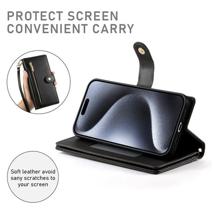 DF-011 For iPhone 15 Pro Case Zipper Leather Phone Cover with Shoulder Strap and Hand Strap