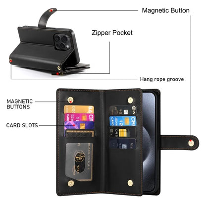 DF-011 For iPhone 15 Pro Case Zipper Leather Phone Cover with Shoulder Strap and Hand Strap