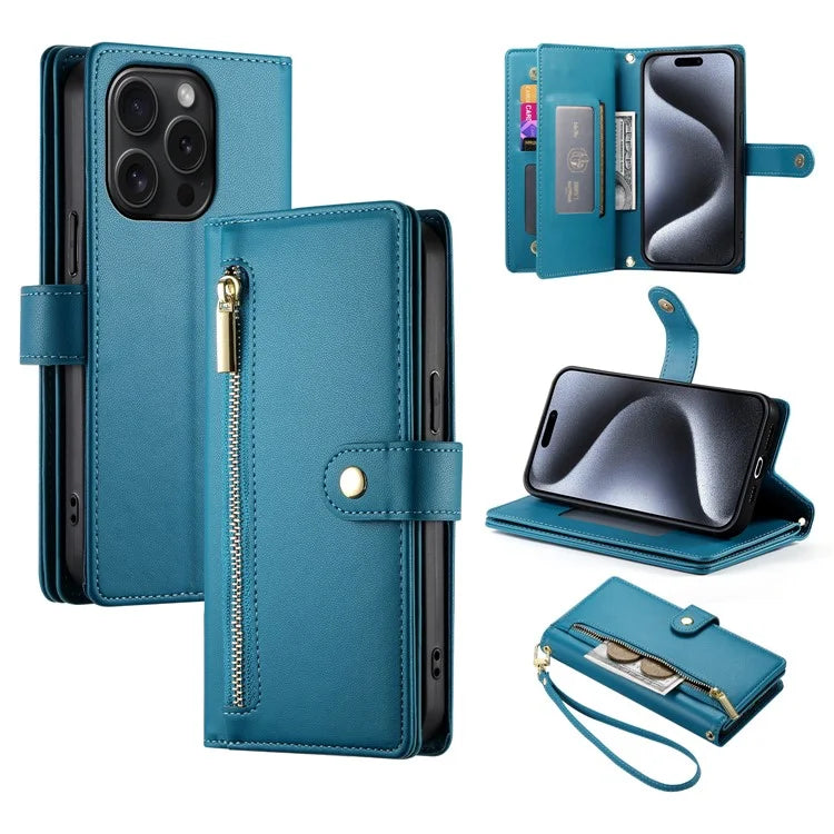 DF-011 For iPhone 15 Pro Case Zipper Leather Phone Cover with Shoulder Strap and Hand Strap