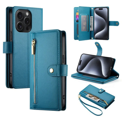 DF-011 For iPhone 15 Pro Case Zipper Leather Phone Cover with Shoulder Strap and Hand Strap