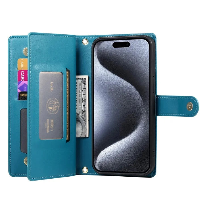 DF-011 For iPhone 15 Pro Case Zipper Leather Phone Cover with Shoulder Strap and Hand Strap