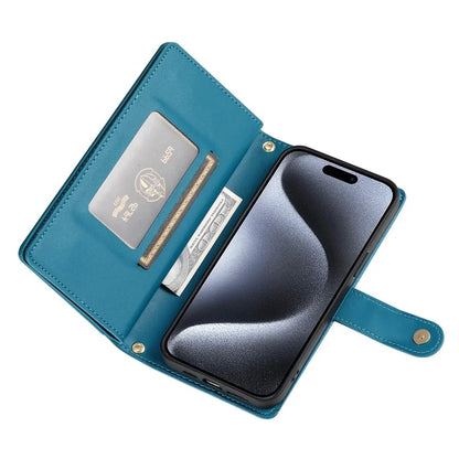 DF-011 For iPhone 15 Pro Case Zipper Leather Phone Cover with Shoulder Strap and Hand Strap