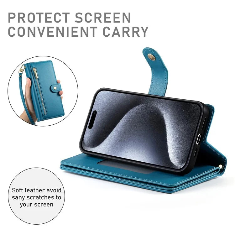 DF-011 For iPhone 15 Pro Case Zipper Leather Phone Cover with Shoulder Strap and Hand Strap
