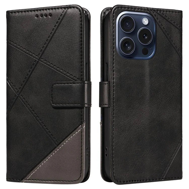 For iPhone 15 Pro Case Shockproof Geometric Lines PU Leather Phone Cover