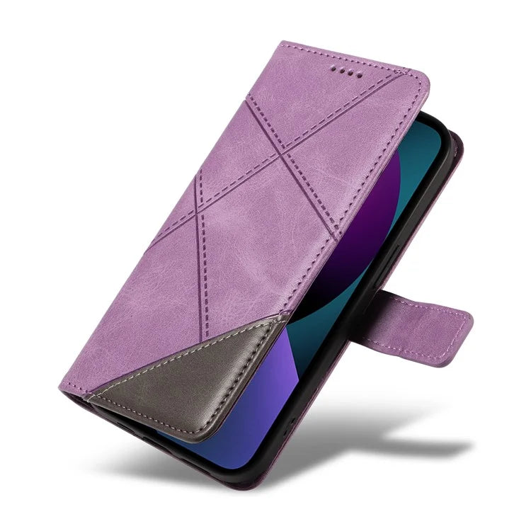 For iPhone 14 Case Wallet Geometric PU Leather Phone Cover Calf Texture