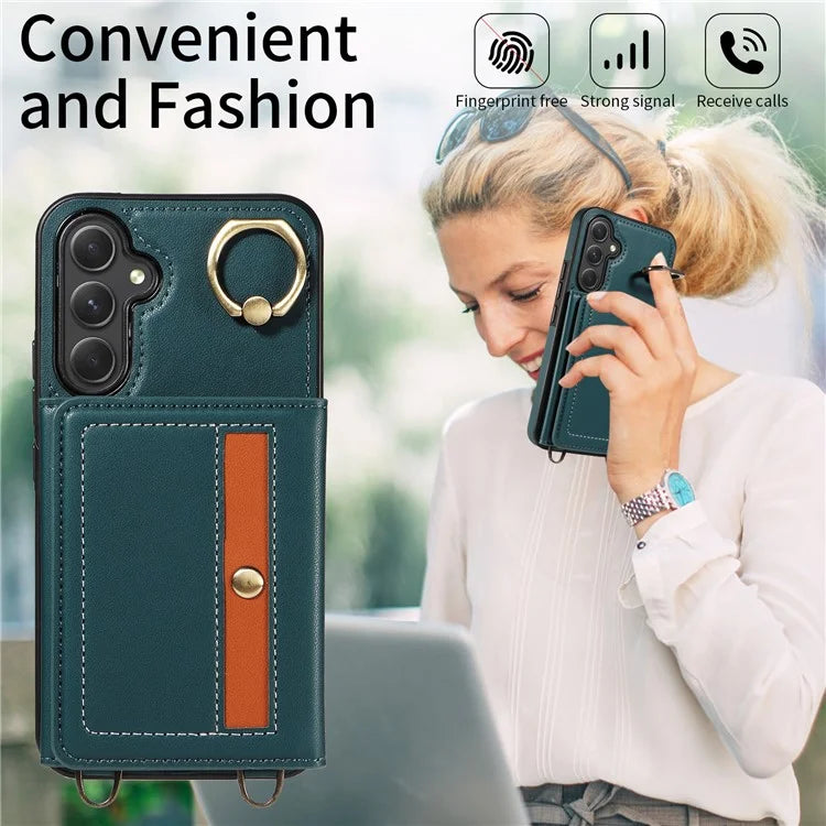 007 For Samsung Galaxy A25 5G (Global) (161.0 X 76.5 X 8.3mm) Case Leather Crossbody Phone Cover Card Holder Kickstand