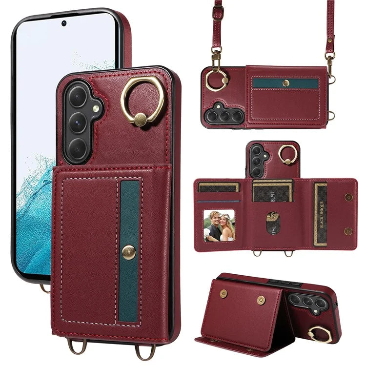 007 For Samsung Galaxy A25 5G (Global) (161.0 X 76.5 X 8.3mm) Case Leather Crossbody Phone Cover Card Holder Kickstand