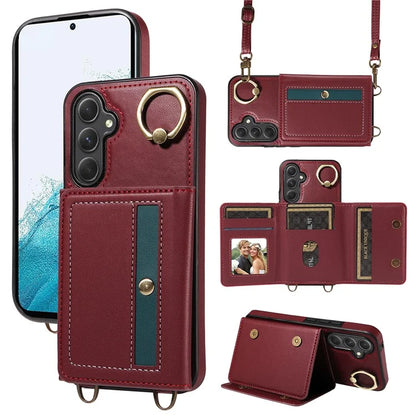 007 For Samsung Galaxy A25 5G (Global) (161.0 X 76.5 X 8.3mm) Case Leather Crossbody Phone Cover Card Holder Kickstand